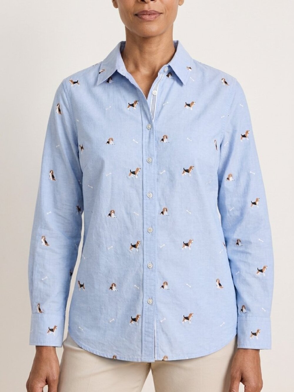 Talbots Petite Beagle Print Button Down Shirt Blue Oxford Dog Medium MP